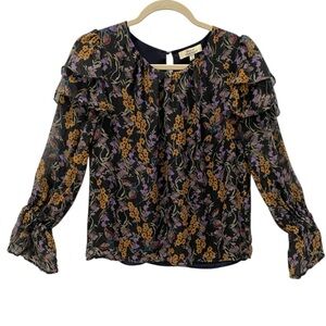 Royal Project 100% Silk Black Floral Blouse with Ruffles Lined Size SP